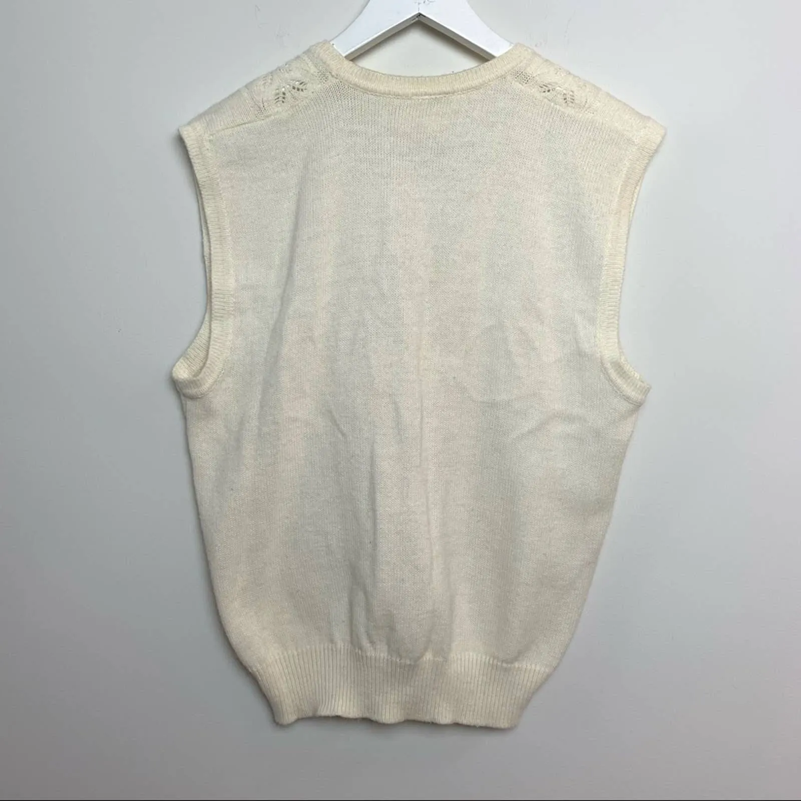 80s Tan F Jay Cream Knit Sweater Vest Pearl Buttons XL Grandpa Academia