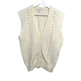 80s Tan F Jay Cream Knit Sweater Vest Pearl Buttons XL Grandpa Academia