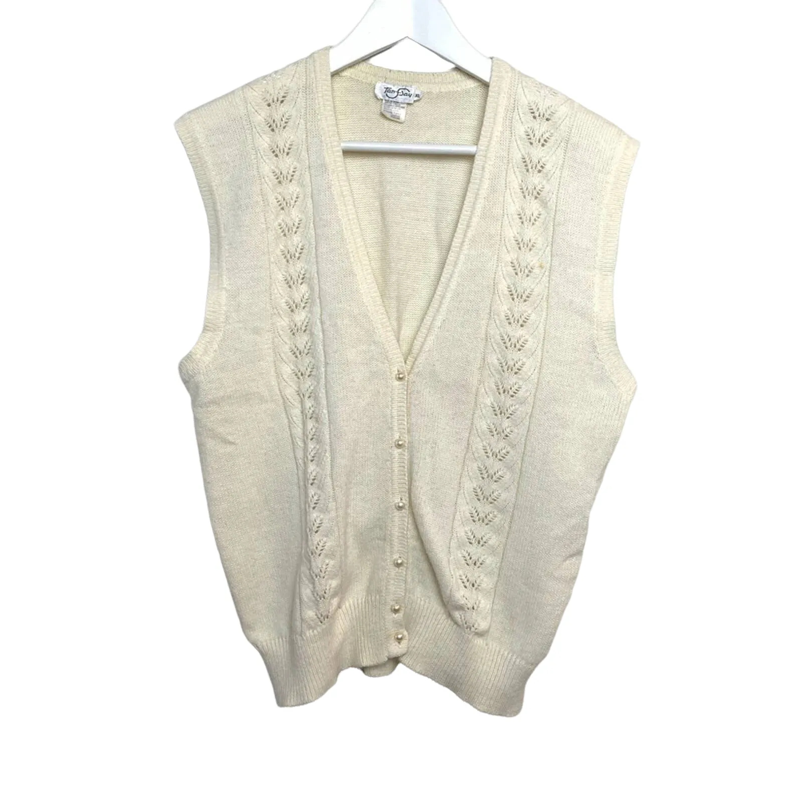 80s Tan F Jay Cream Knit Sweater Vest Pearl Buttons XL Grandpa Academia