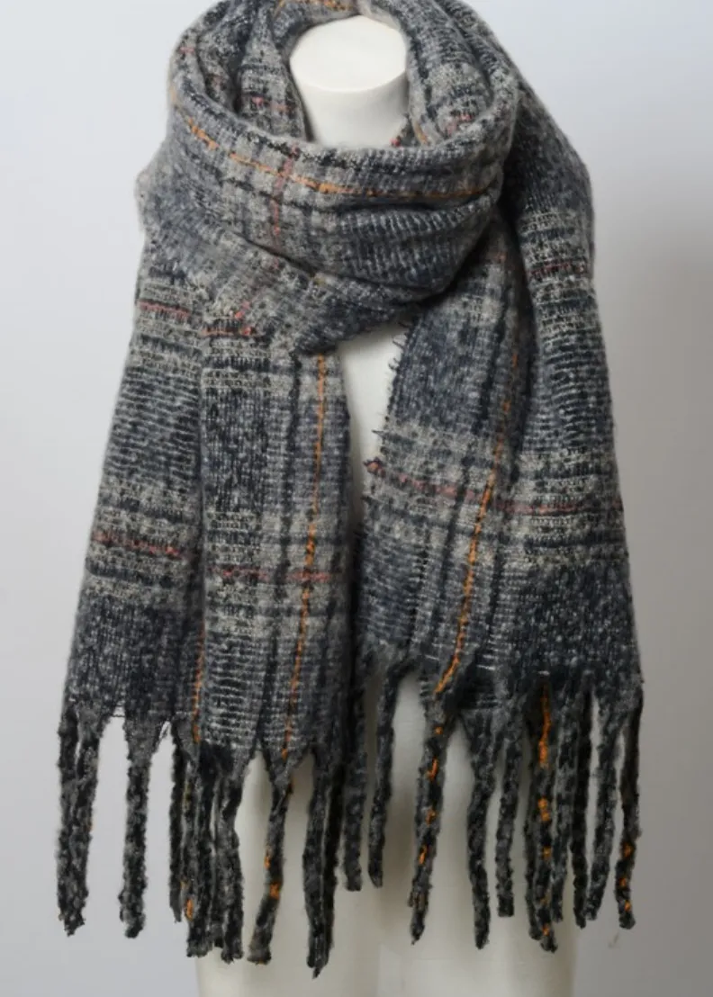 Charcoal Mix Plaid Tassel Blanket Scarf