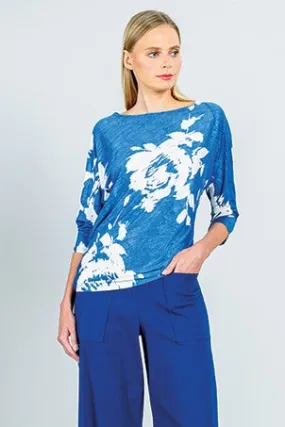 Crush Silk Knit - Half & Half Sleeve Top - Dreamy Floral-Blue