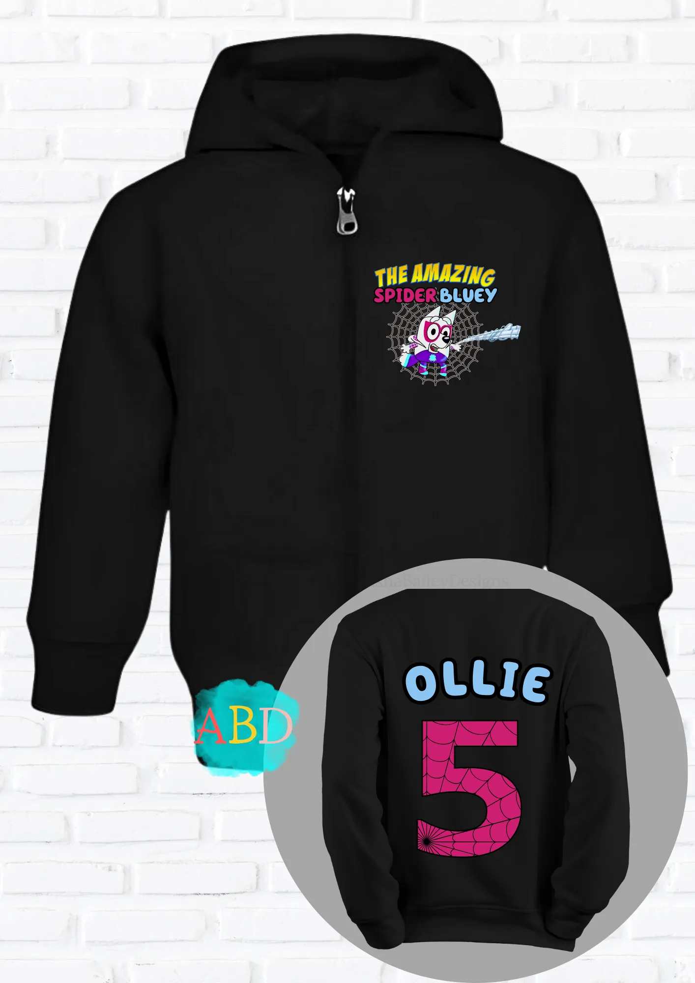 Girls' Personalised Spider Muffin from Bluey Custom Hoodie with back print  - any name and number