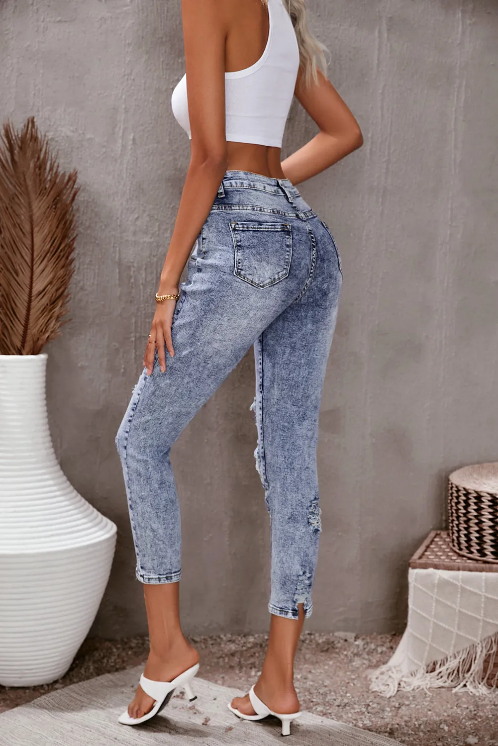 Sky Blue Striped Patchwork Distressed Slim-fit Jeans