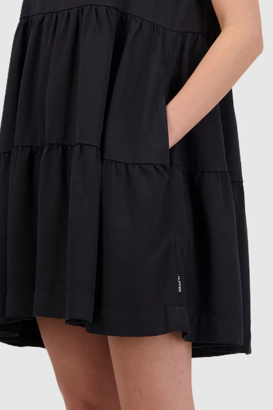 Washed V Neck Tiered Tencel Mini Washed Black Dress