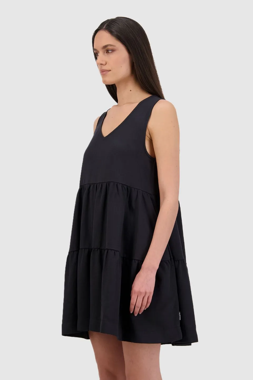 Washed V Neck Tiered Tencel Mini Washed Black Dress