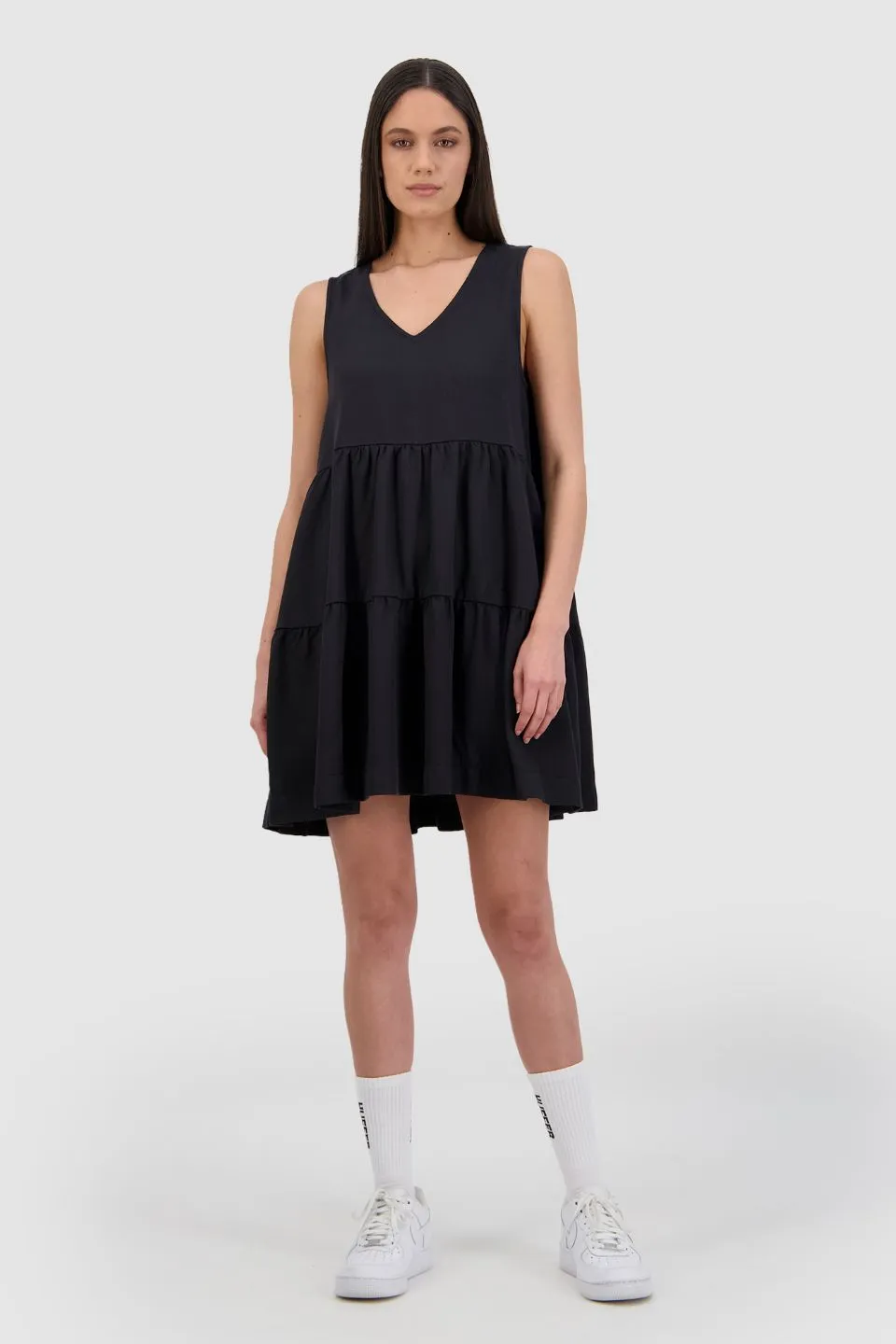 Washed V Neck Tiered Tencel Mini Washed Black Dress